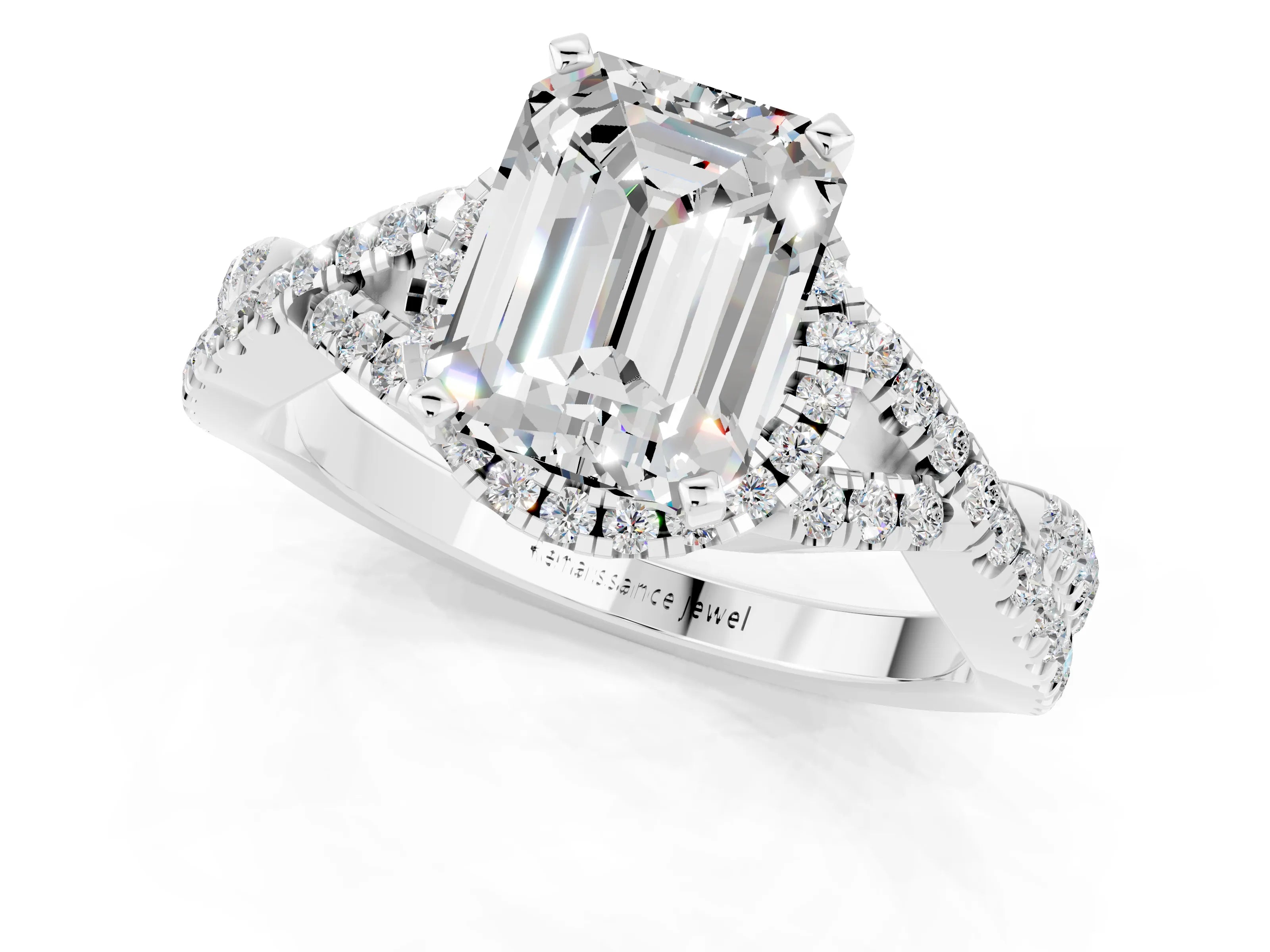 White gold Emerald Cut Moissanite Halo Twist Band Solitaire Prong Setting Ring_1