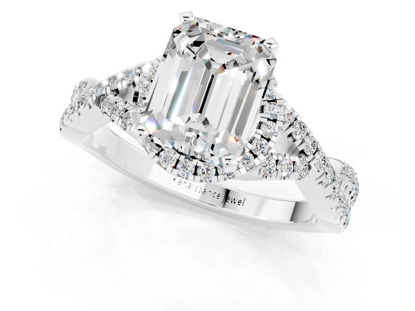 White gold Emerald Cut Moissanite  Halo Twist Band Solitaire Prong Setting Ring