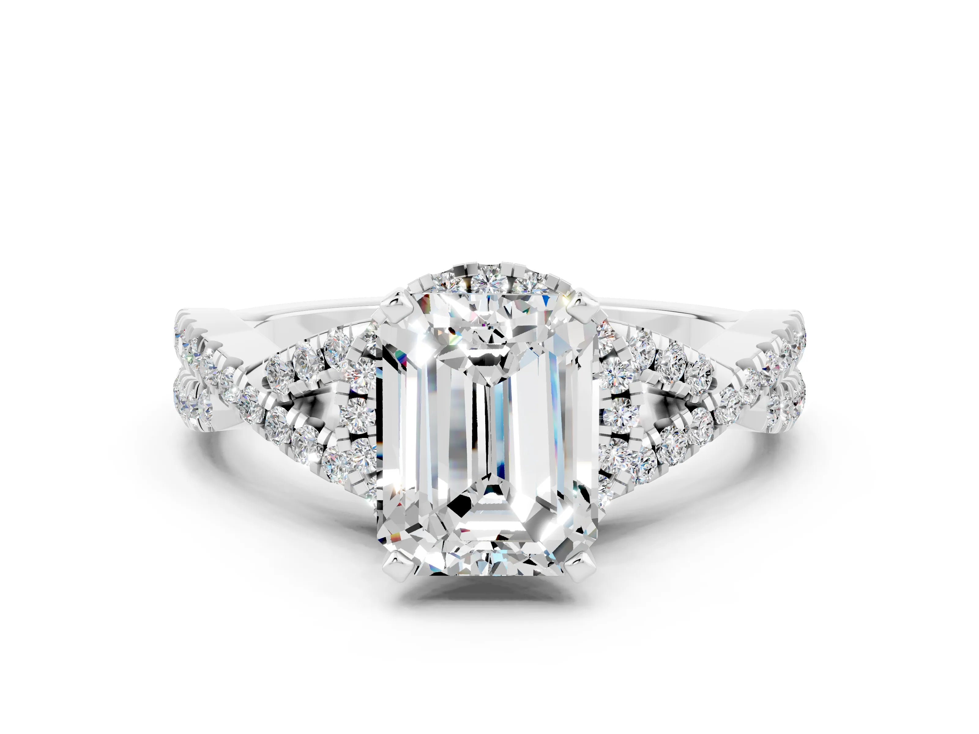 White gold Emerald Cut Moissanite Halo Twist Band Solitaire Prong Setting Ring
