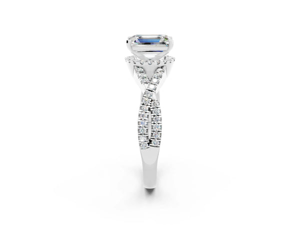 White gold Emerald Cut Moissanite  Halo Twist Band Solitaire Prong Setting Ring