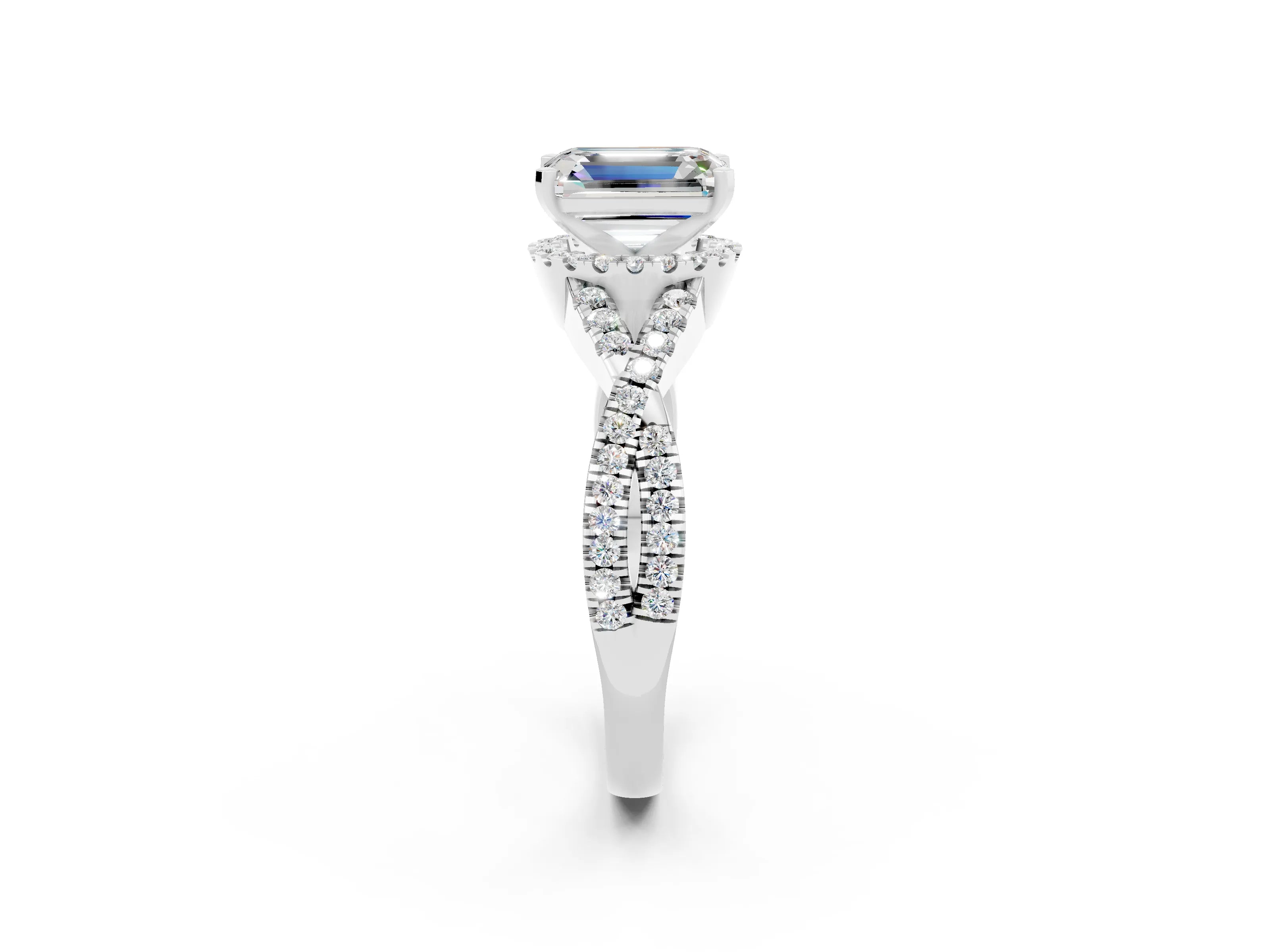 White gold Emerald Cut Moissanite Halo Twist Band Solitaire Prong Setting Ring_2