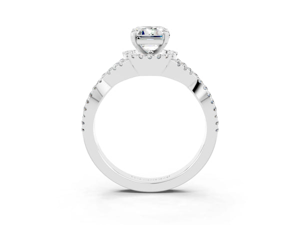 Platinum Emerald Cut Moissanite  Halo Twist Band Solitaire Prong Setting Ring