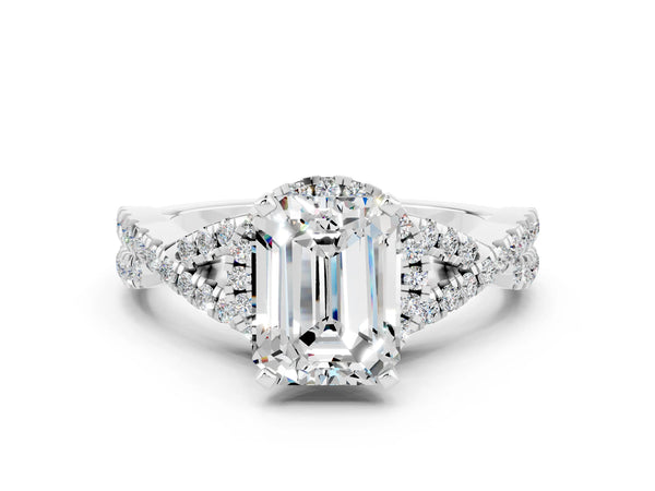 White gold Emerald Cut Moissanite  Halo Twist Band Solitaire Prong Setting Ring