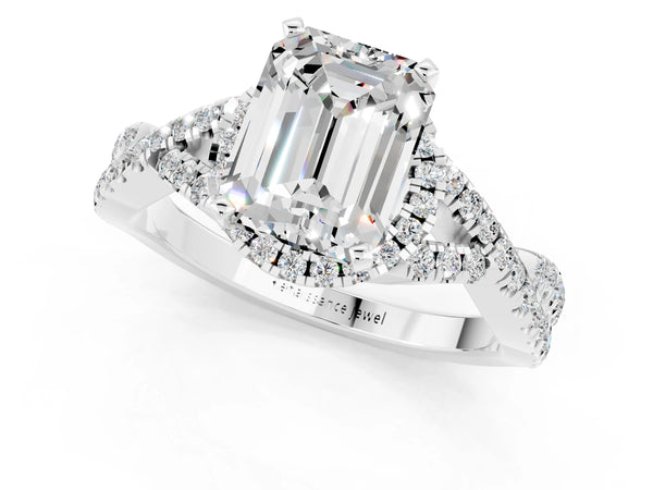 White gold Emerald Cut Moissanite  Halo Twist Band Solitaire Prong Setting Ring