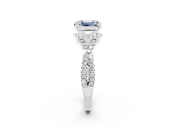 White gold Emerald Cut Moissanite  Halo Twist Band Solitaire Prong Setting Ring