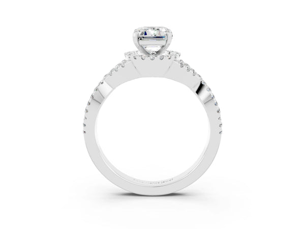 White gold Emerald Cut Moissanite  Halo Twist Band Solitaire Prong Setting Ring