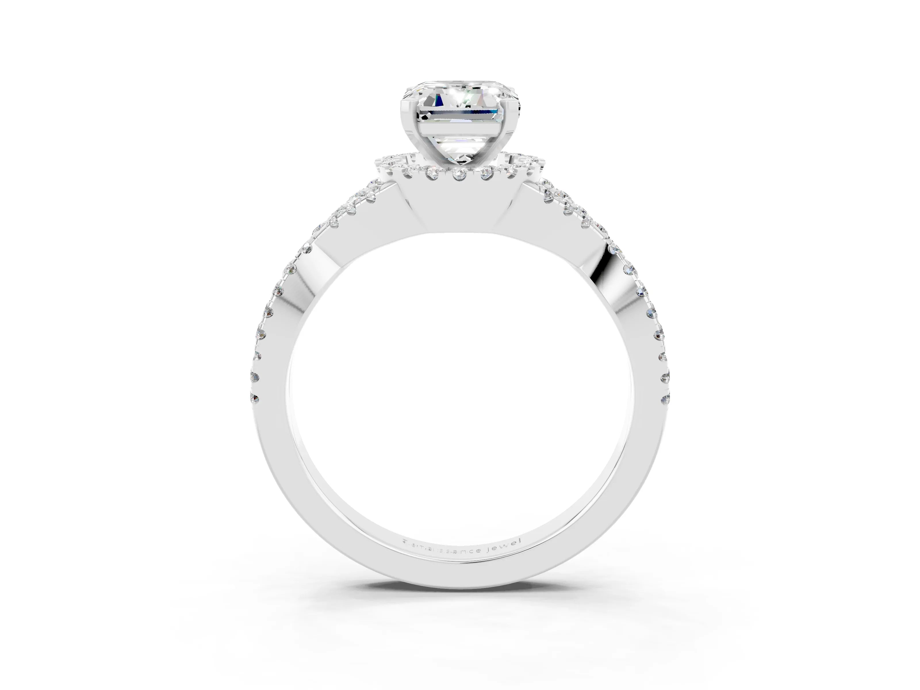 White gold Emerald Cut Moissanite Halo Twist Band Solitaire Prong Setting Ring_3