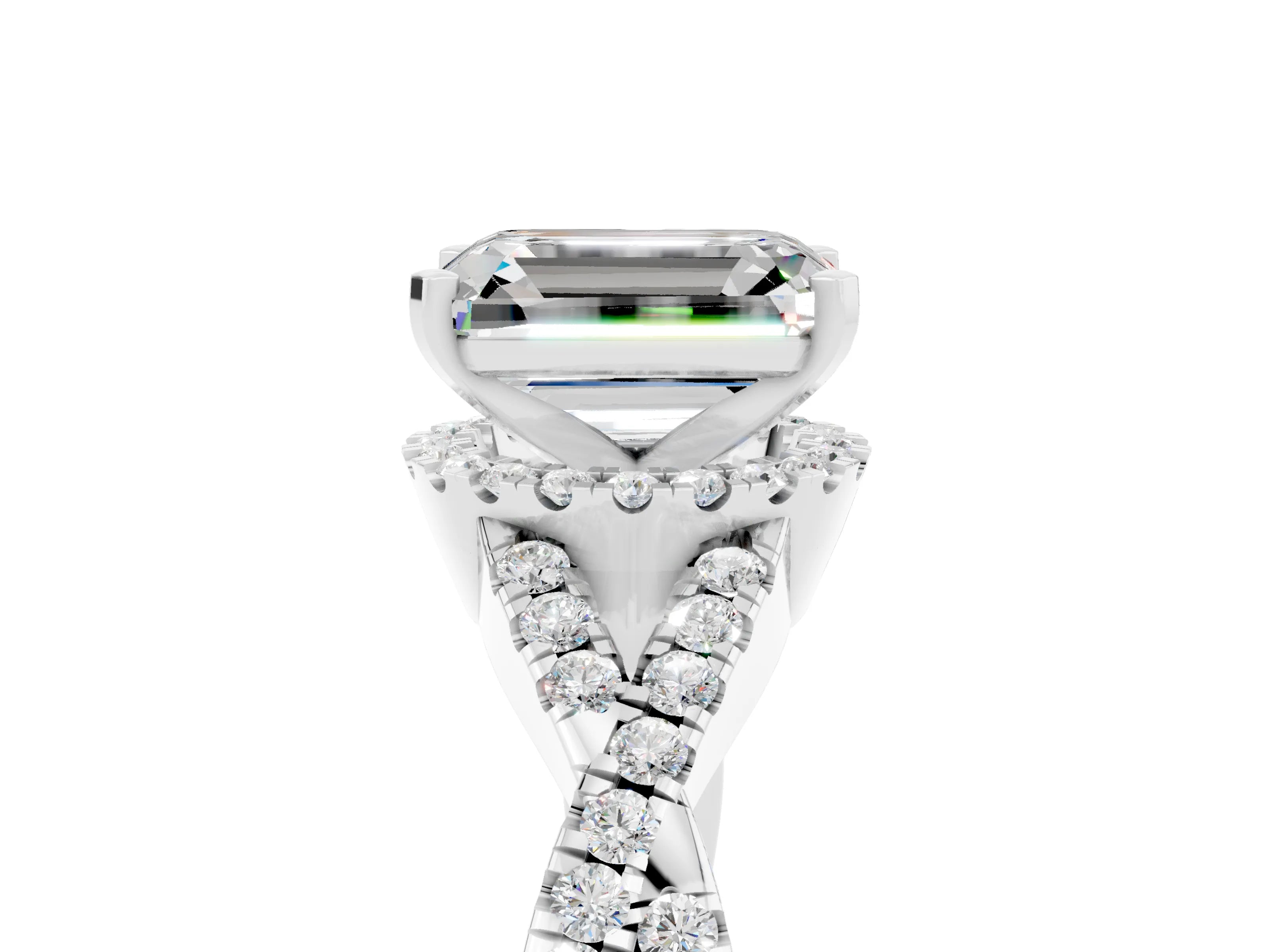 White gold Emerald Cut Moissanite Halo Twist Band Solitaire Prong Setting Ring_5