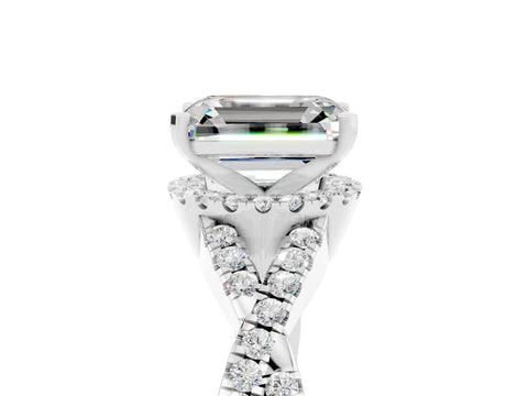 White gold Emerald Cut Moissanite Halo Twist Band Solitaire Prong Setting Ring_5