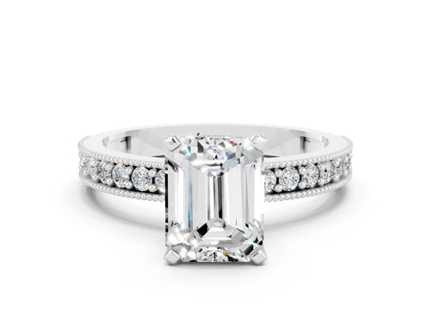 White gold Emerald Cut Moissanite Milgrain Pavé Engagement Ring with Four-Prong Setting_12