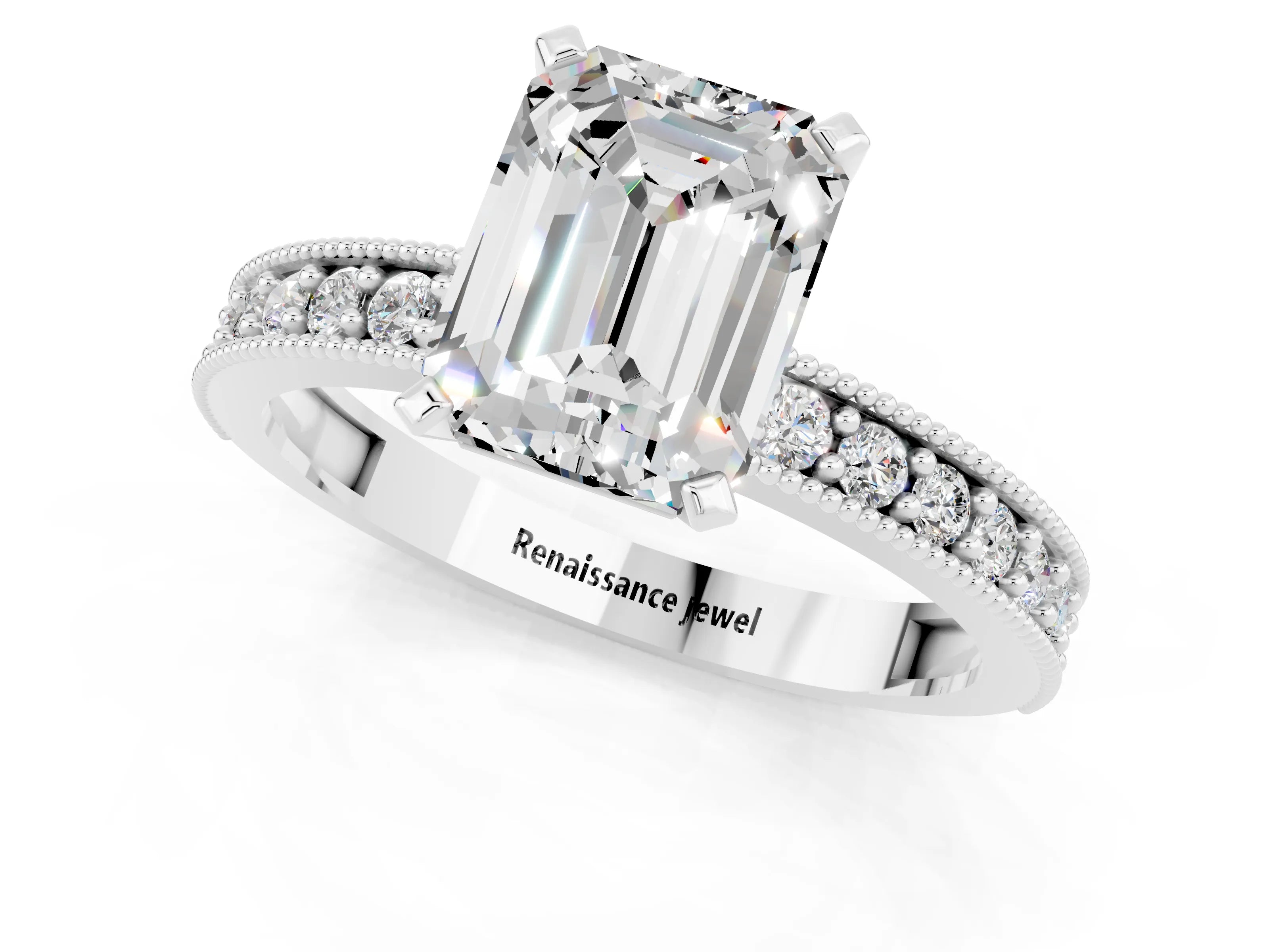 White gold Emerald Cut Moissanite Milgrain Pavé Engagement Ring with Four-Prong Setting_13