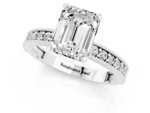 White gold Emerald Cut Moissanite Milgrain Pavé Engagement Ring with Four-Prong Setting