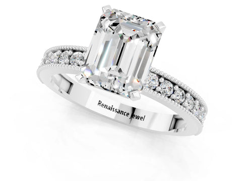 White gold Emerald Cut Moissanite Milgrain Pavé Engagement Ring with Four-Prong Setting_13
