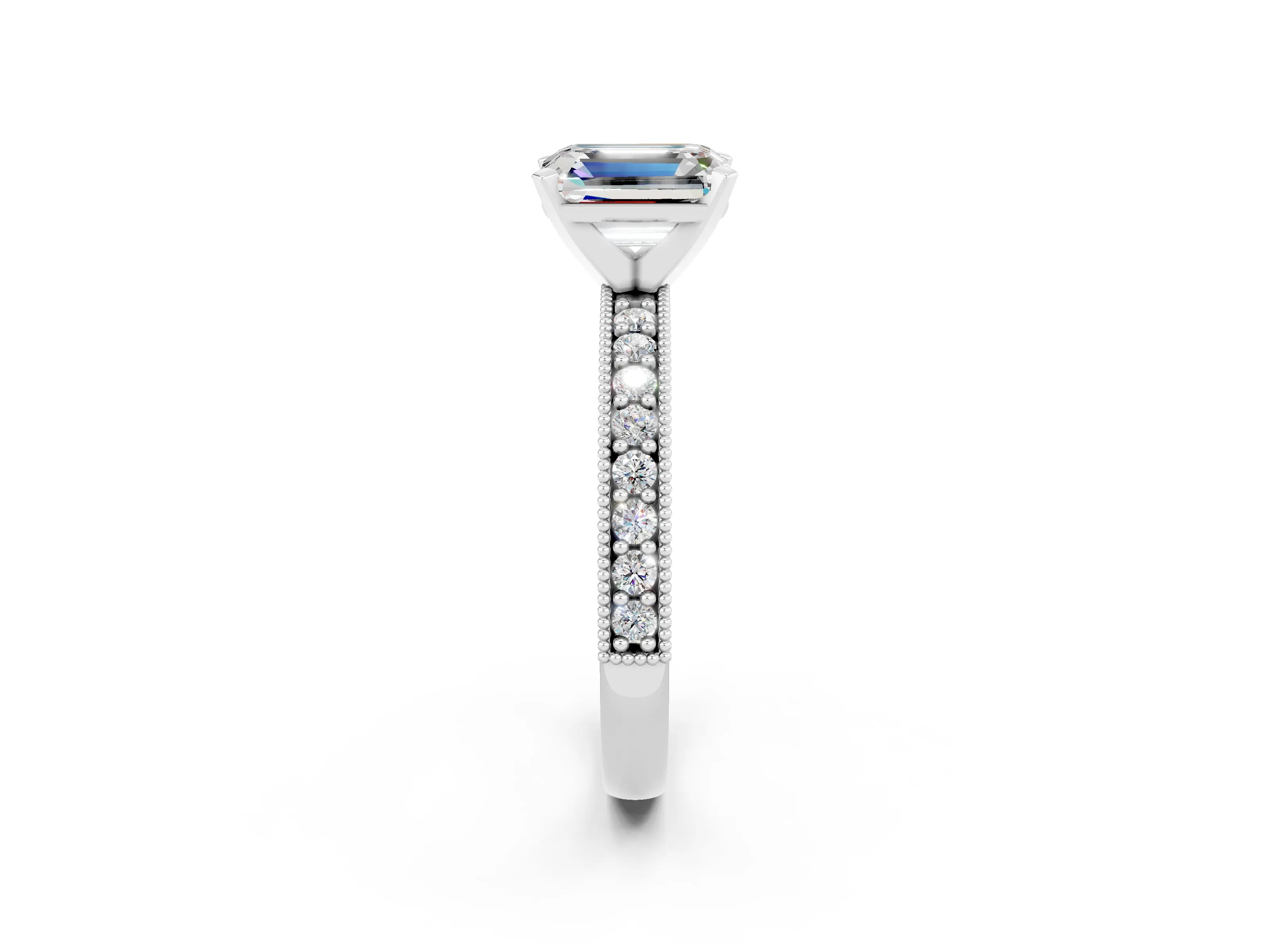 White gold Emerald Cut Moissanite Milgrain Pavé Engagement Ring with Four-Prong Setting_14