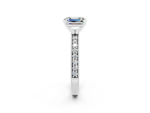 White gold Emerald Cut Moissanite Milgrain Pavé Engagement Ring with Four-Prong Setting_14
