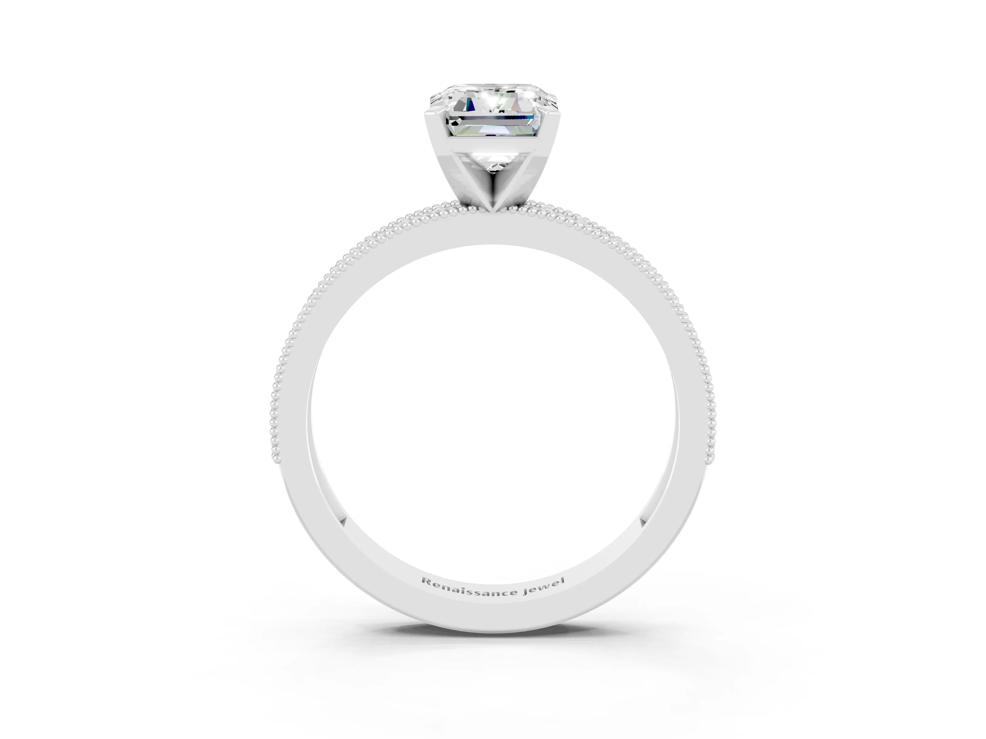 White gold Emerald Cut Moissanite Milgrain Pavé Engagement Ring with Four-Prong Setting_15