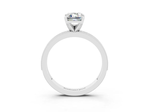 Silver Emerald Cut Moissanite Milgrain Pavé Engagement Ring with Four-Prong Setting