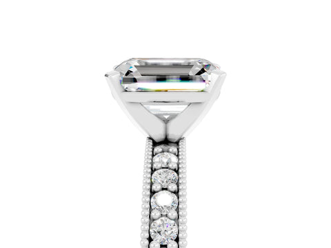 White gold Emerald Cut Moissanite Milgrain Pavé Engagement Ring with Four-Prong Setting_17