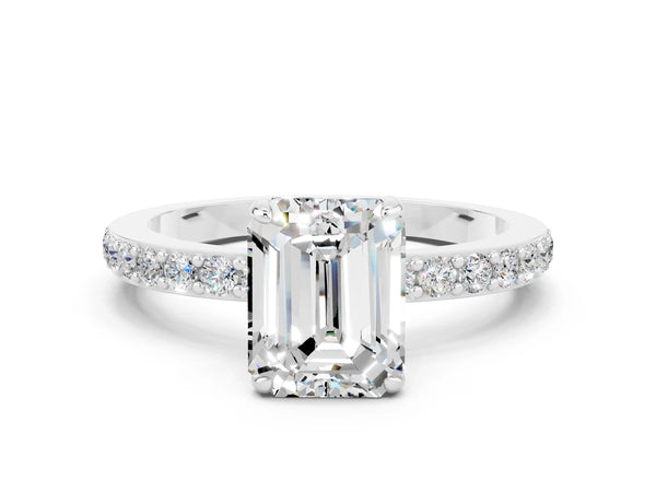 Silver Emerald Cut Moissanite Pavé Engagement Ring with Round  Accents and Prong Setting