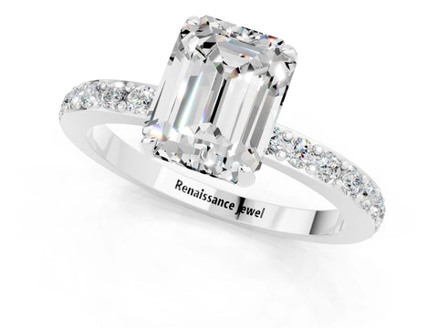 White gold Emerald Cut Moissanite Pavé Engagement Ring with Round  Accents and Prong Setting_25