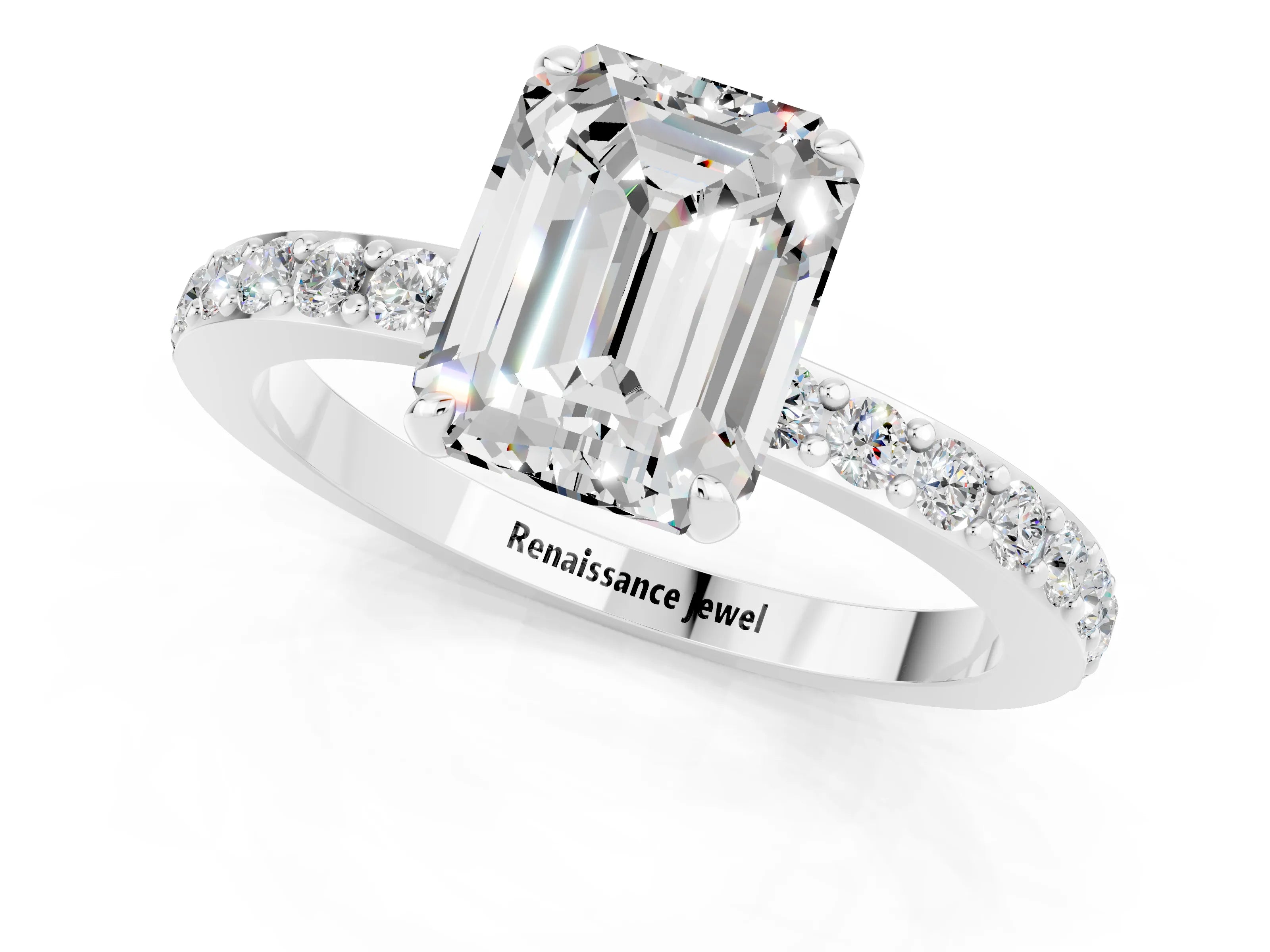 White gold Emerald Cut Moissanite Pavé Engagement Ring with Round  Accents and Prong Setting_25