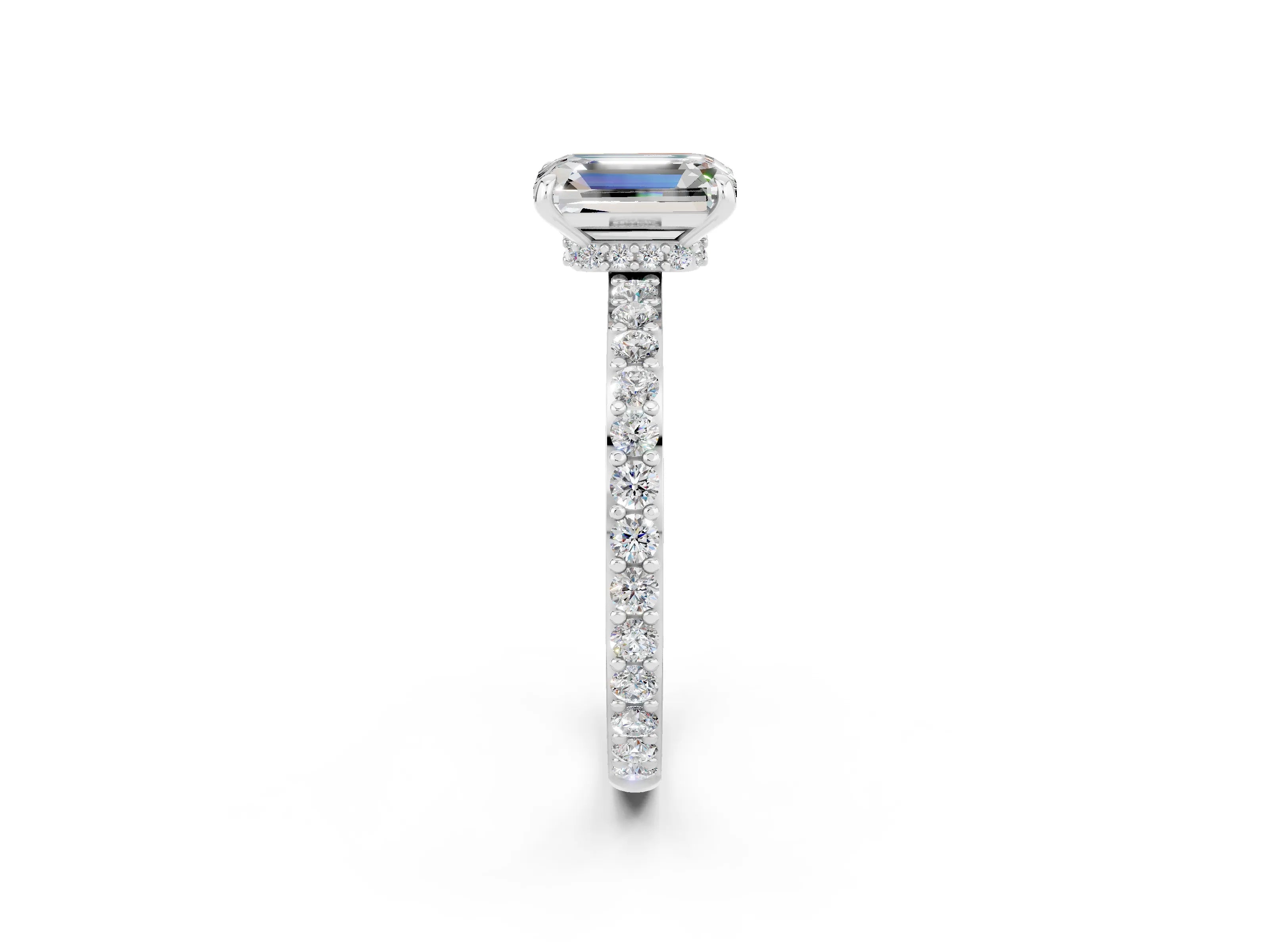 White gold Emerald Cut Moissanite Pavé Engagement Ring with Round  Accents and Prong Setting_26