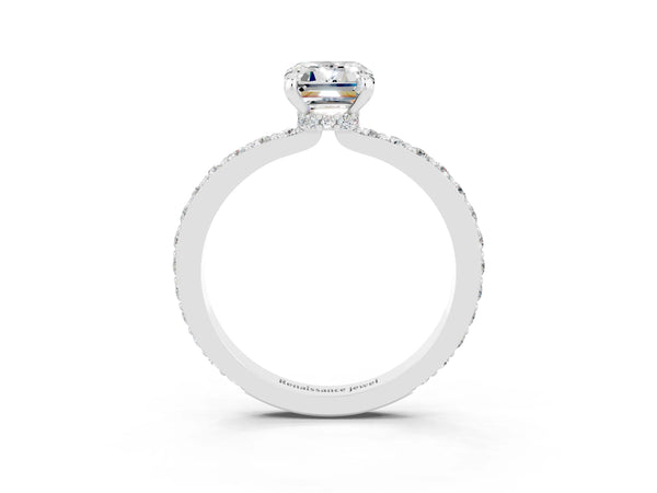 Silver Emerald Cut Moissanite Pavé Engagement Ring with Round  Accents and Prong Setting
