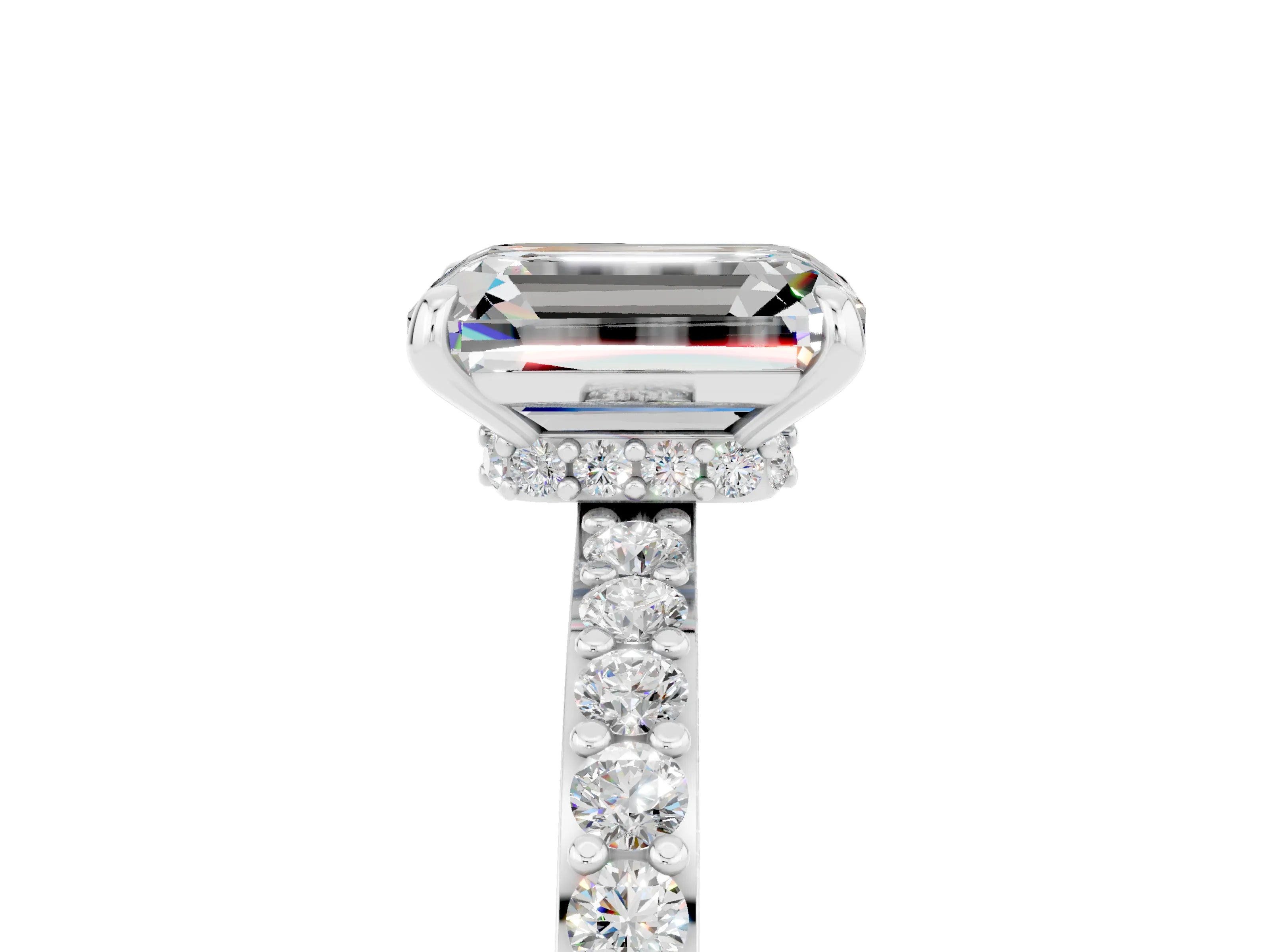 White gold Emerald Cut Moissanite Pavé Engagement Ring with Round  Accents and Prong Setting_29