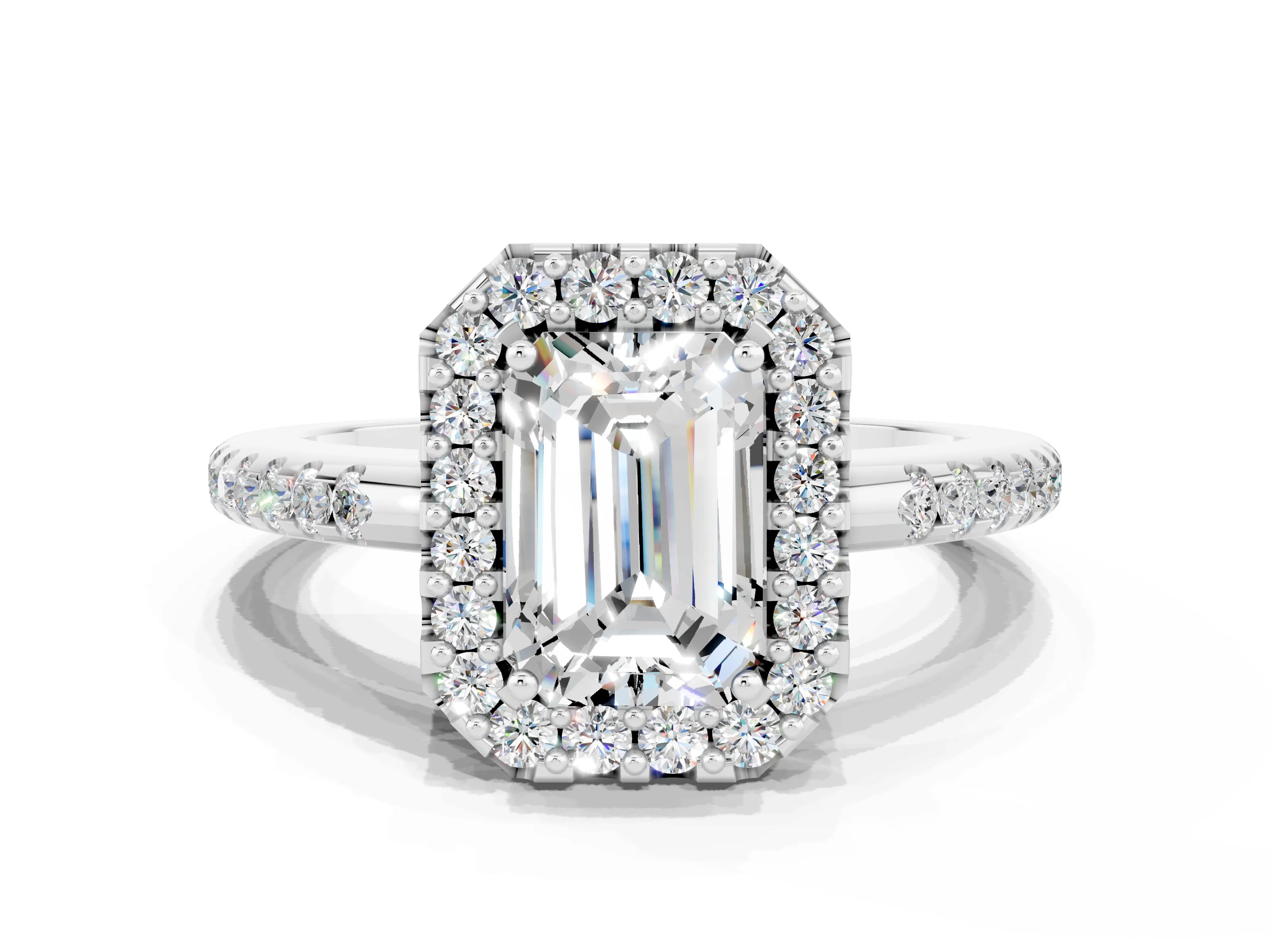 White gold Emerald Cut Moissanite Pavé Halo Ring with Four-Prong Setting_12