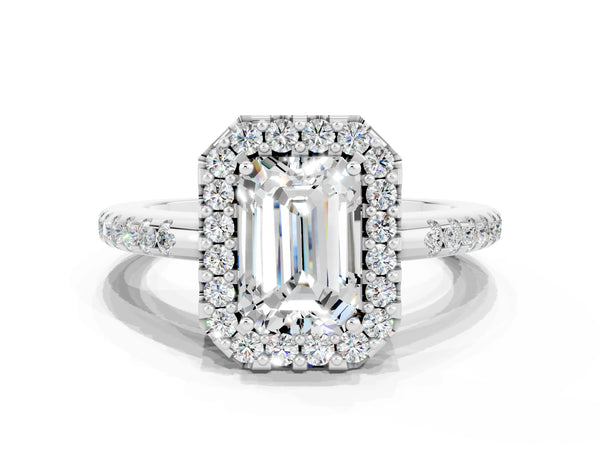 White gold Emerald Cut Moissanite Pavé Halo Ring with Four-Prong Setting