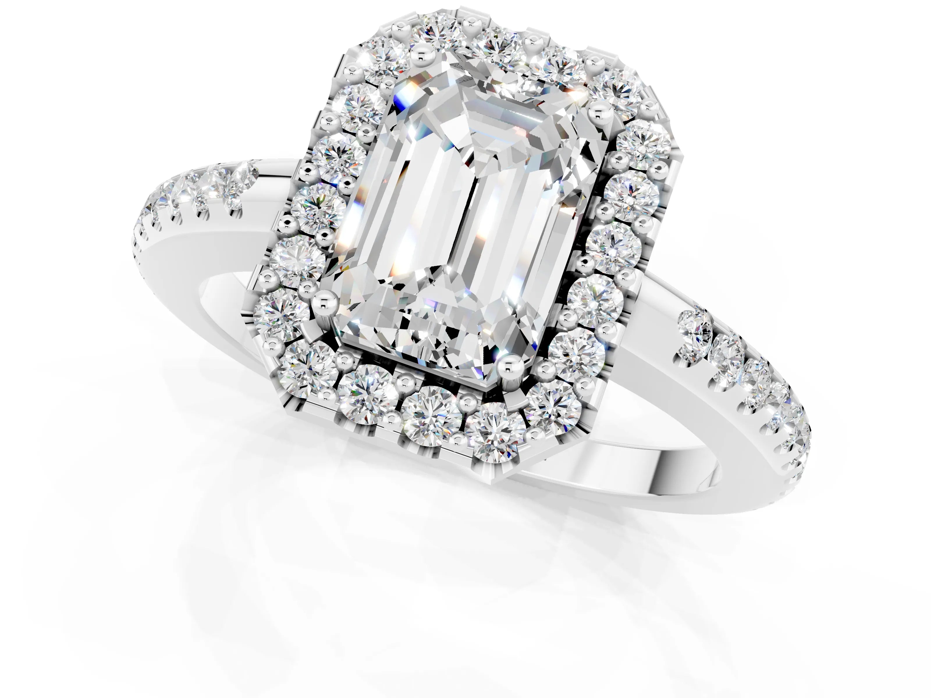 White gold Emerald Cut Moissanite Pavé Halo Ring with Four-Prong Setting_13