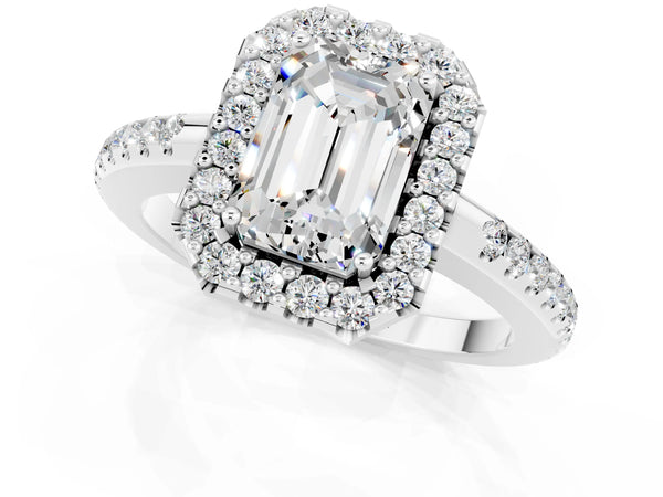 Silver Emerald Cut Moissanite Pavé Halo Ring with Four-Prong Setting