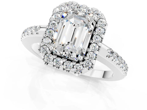 White gold Emerald Cut Moissanite Pavé Halo Ring with Four-Prong Setting_13