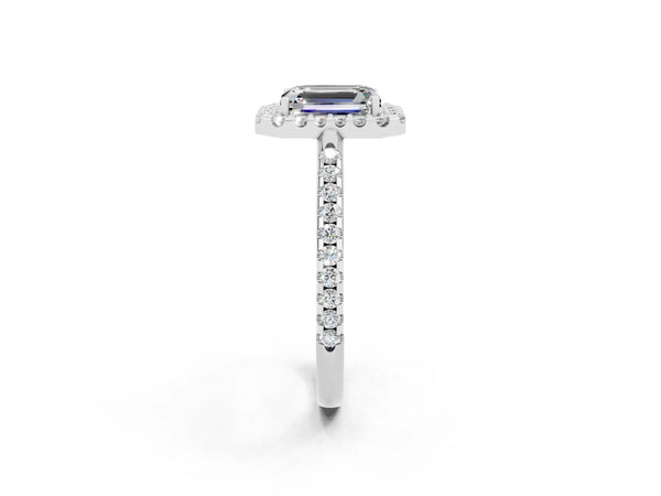 White gold Emerald Cut Moissanite Pavé Halo Ring with Four-Prong Setting