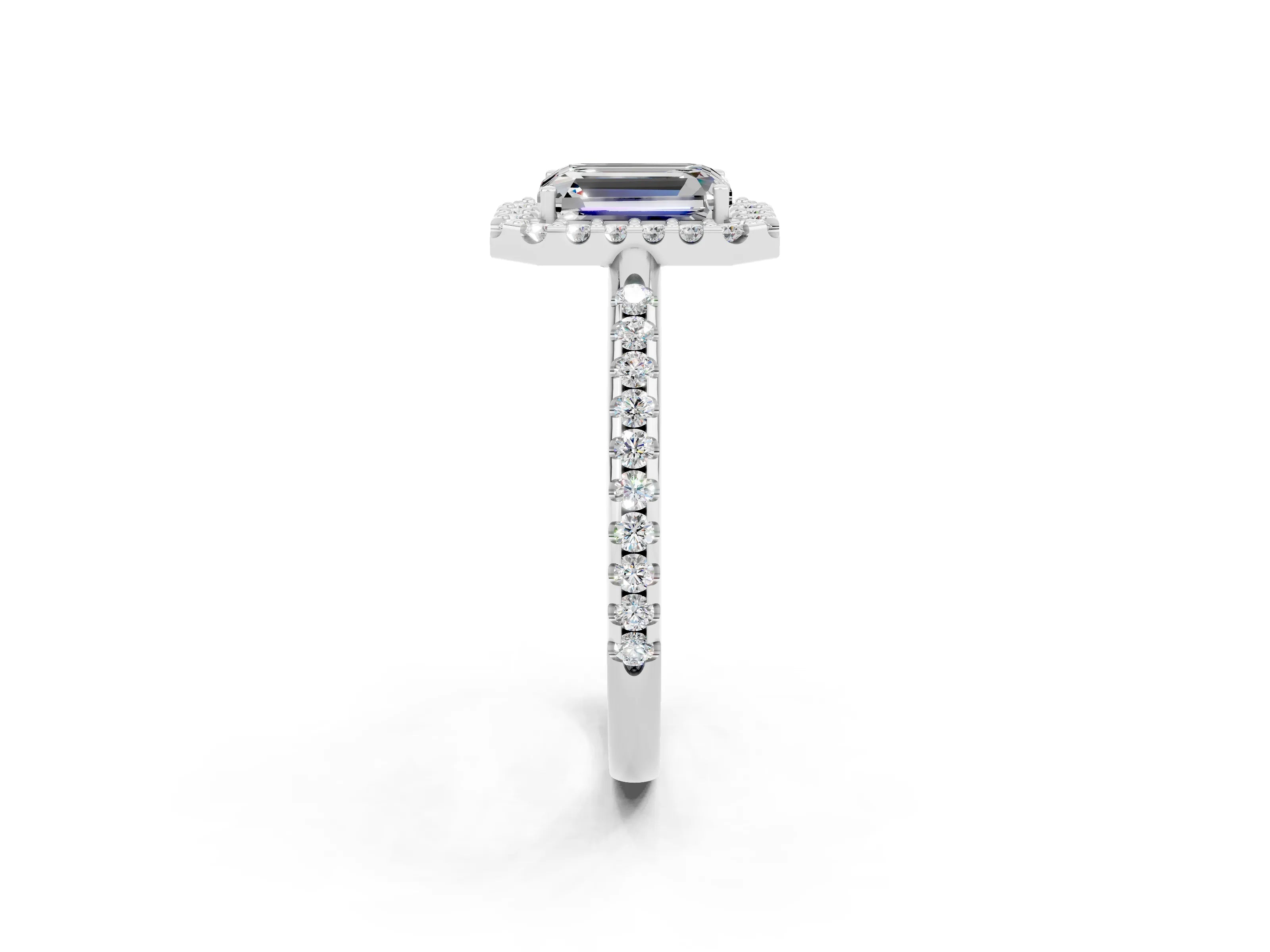 White gold Emerald Cut Moissanite Pavé Halo Ring with Four-Prong Setting_14