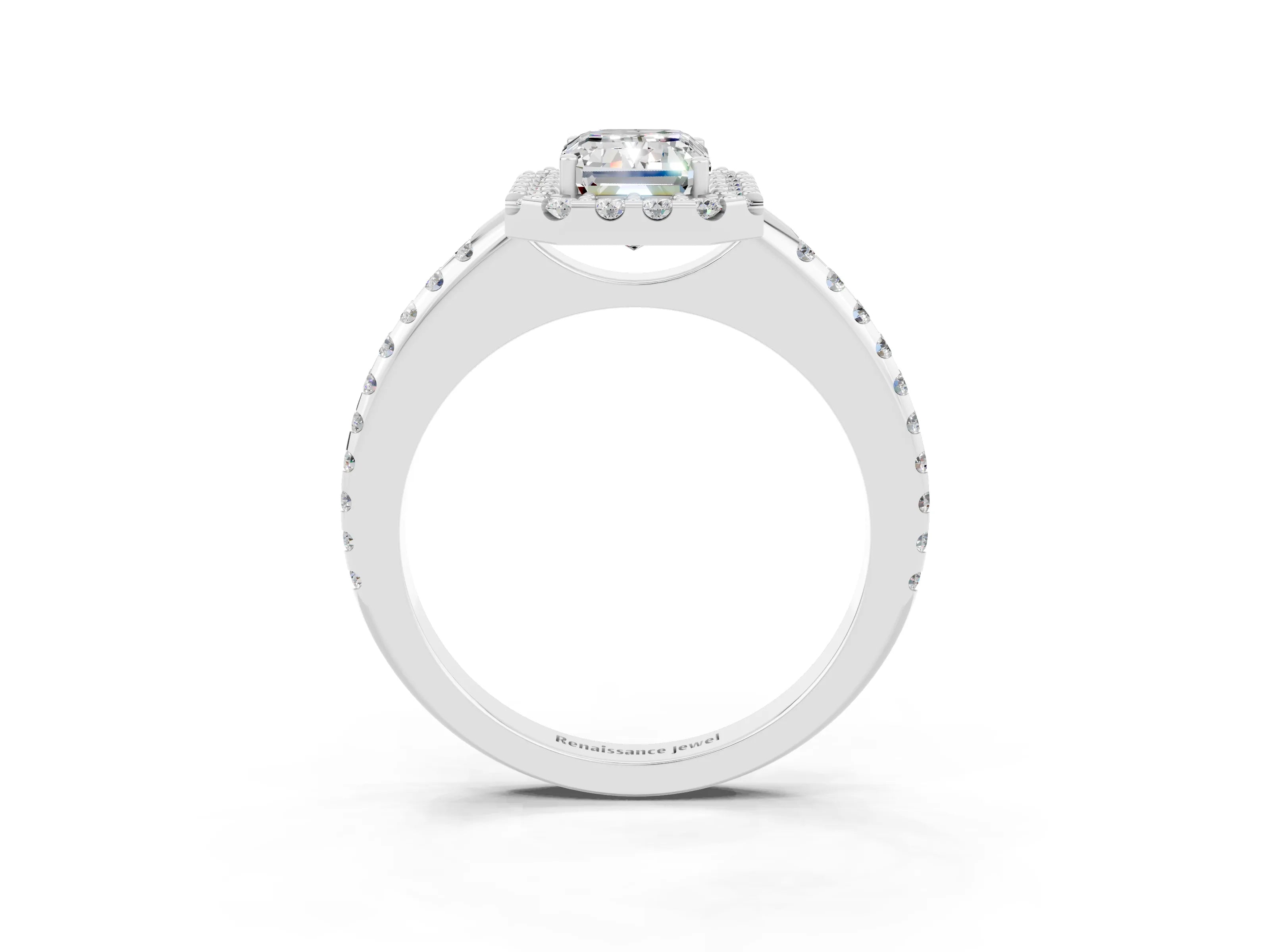 White gold Emerald Cut Moissanite Pavé Halo Ring with Four-Prong Setting_15