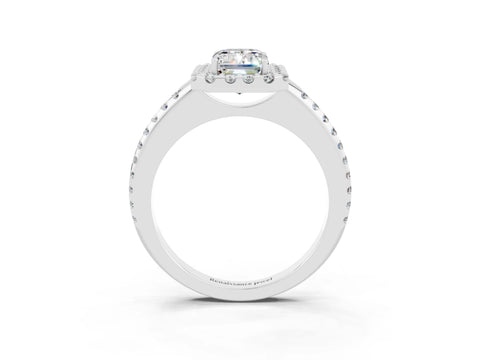 White gold Emerald Cut Moissanite Pavé Halo Ring with Four-Prong Setting_15