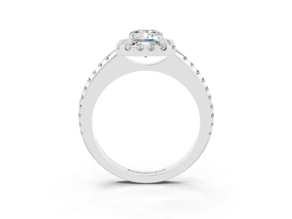 White gold Emerald Cut Moissanite Pavé Halo Ring with Four-Prong Setting