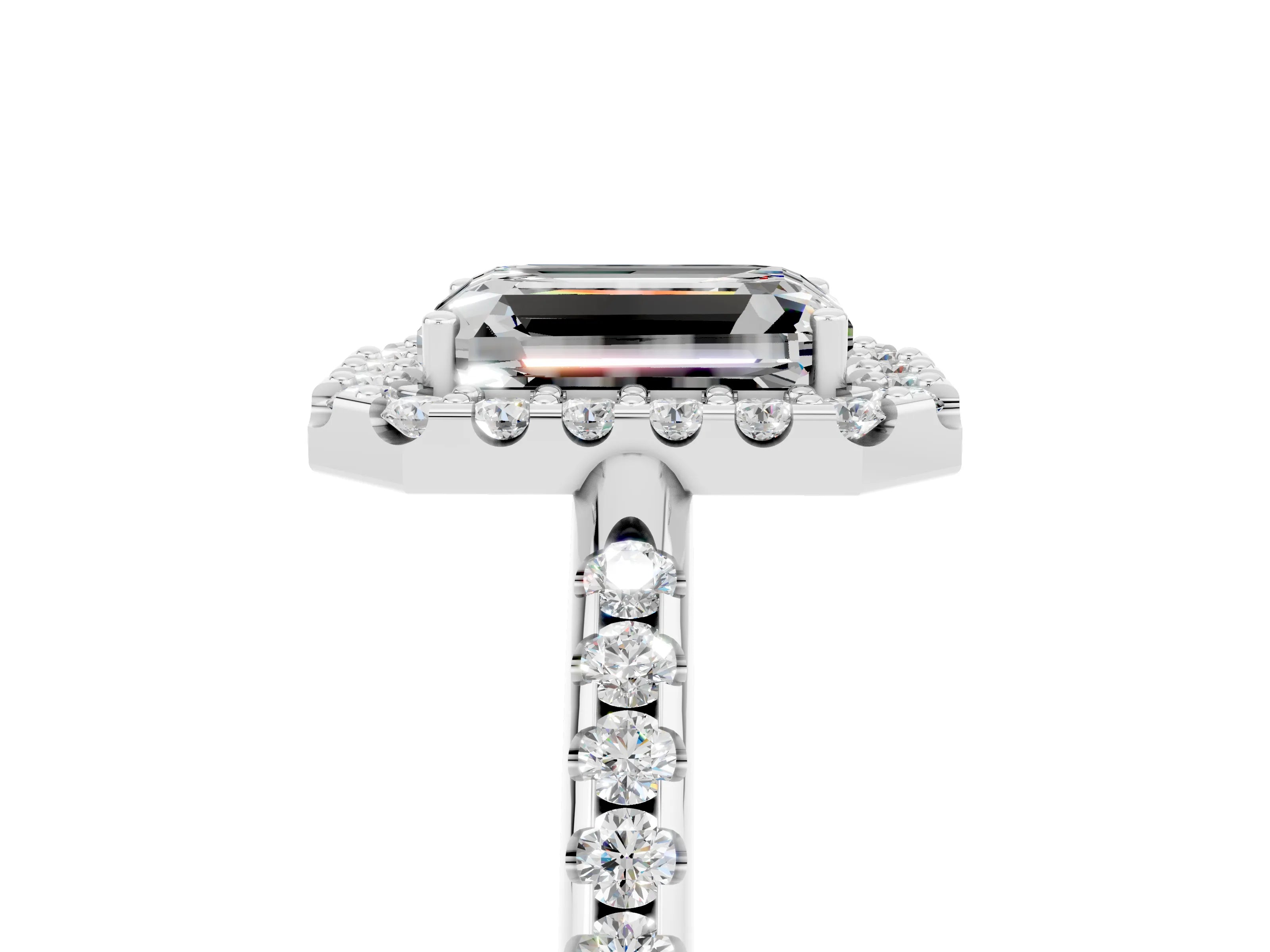 White gold Emerald Cut Moissanite Pavé Halo Ring with Four-Prong Setting_17
