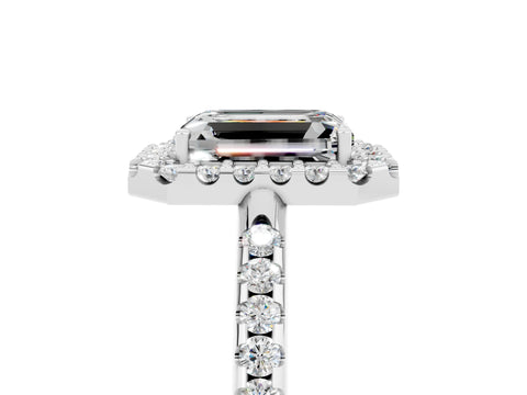 White gold Emerald Cut Moissanite Pavé Halo Ring with Four-Prong Setting_17