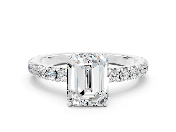 White gold Emerald Cut Moissanite Pavé Solitaire Engagement Ring with Four-Prong Setting
