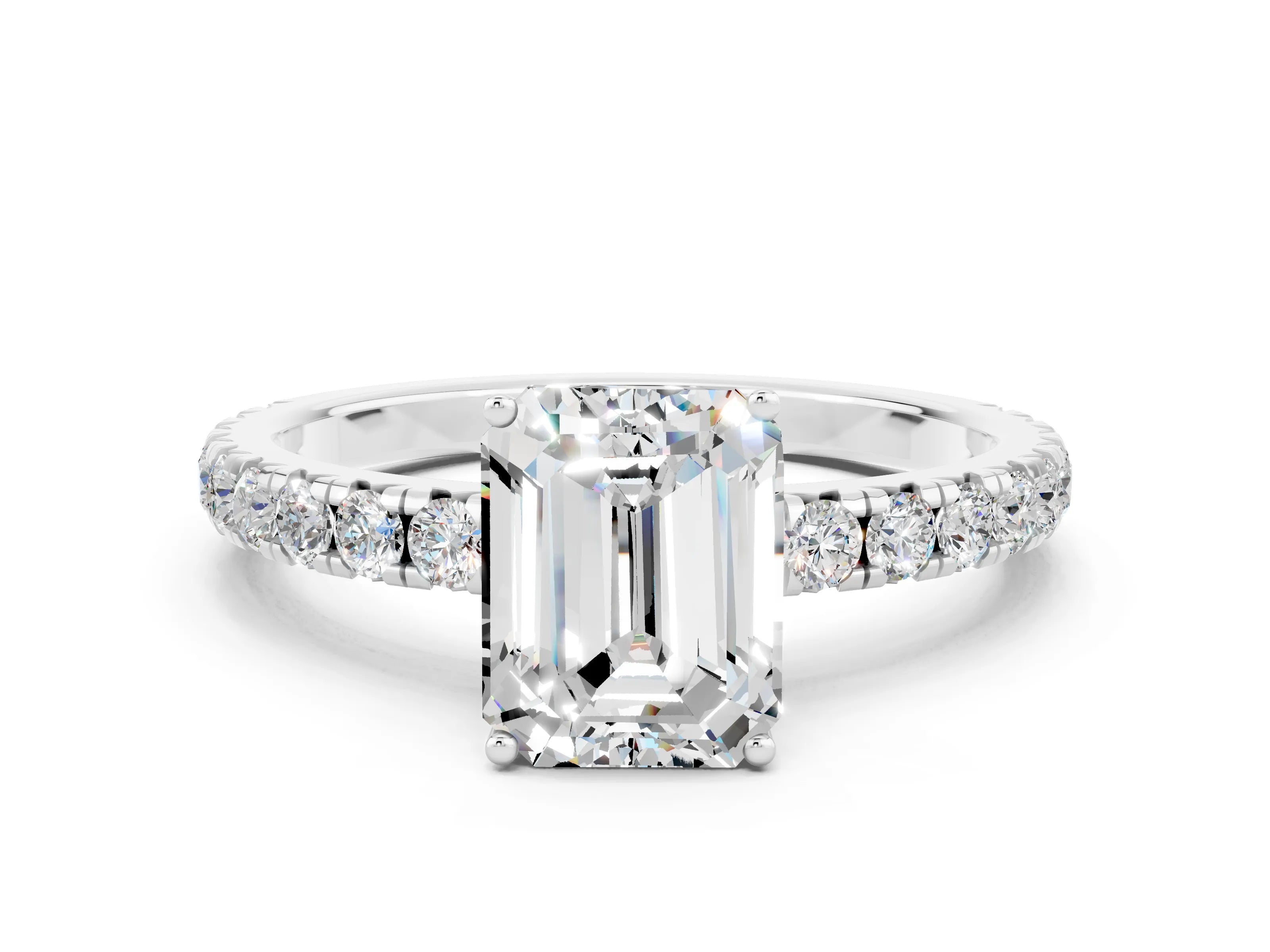 White gold Emerald Cut Moissanite Pavé Solitaire Engagement Ring with Four-Prong Setting_12