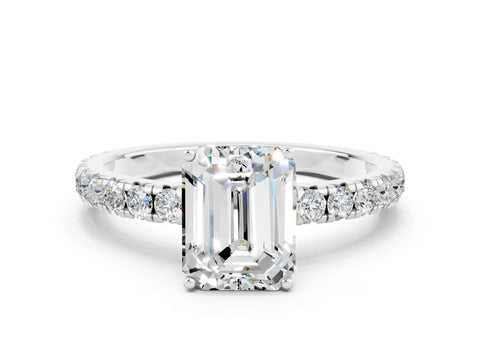 White gold Emerald Cut Moissanite Pavé Solitaire Engagement Ring with Four-Prong Setting_12
