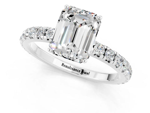 White gold Emerald Cut Moissanite Pavé Solitaire Engagement Ring with Four-Prong Setting_13