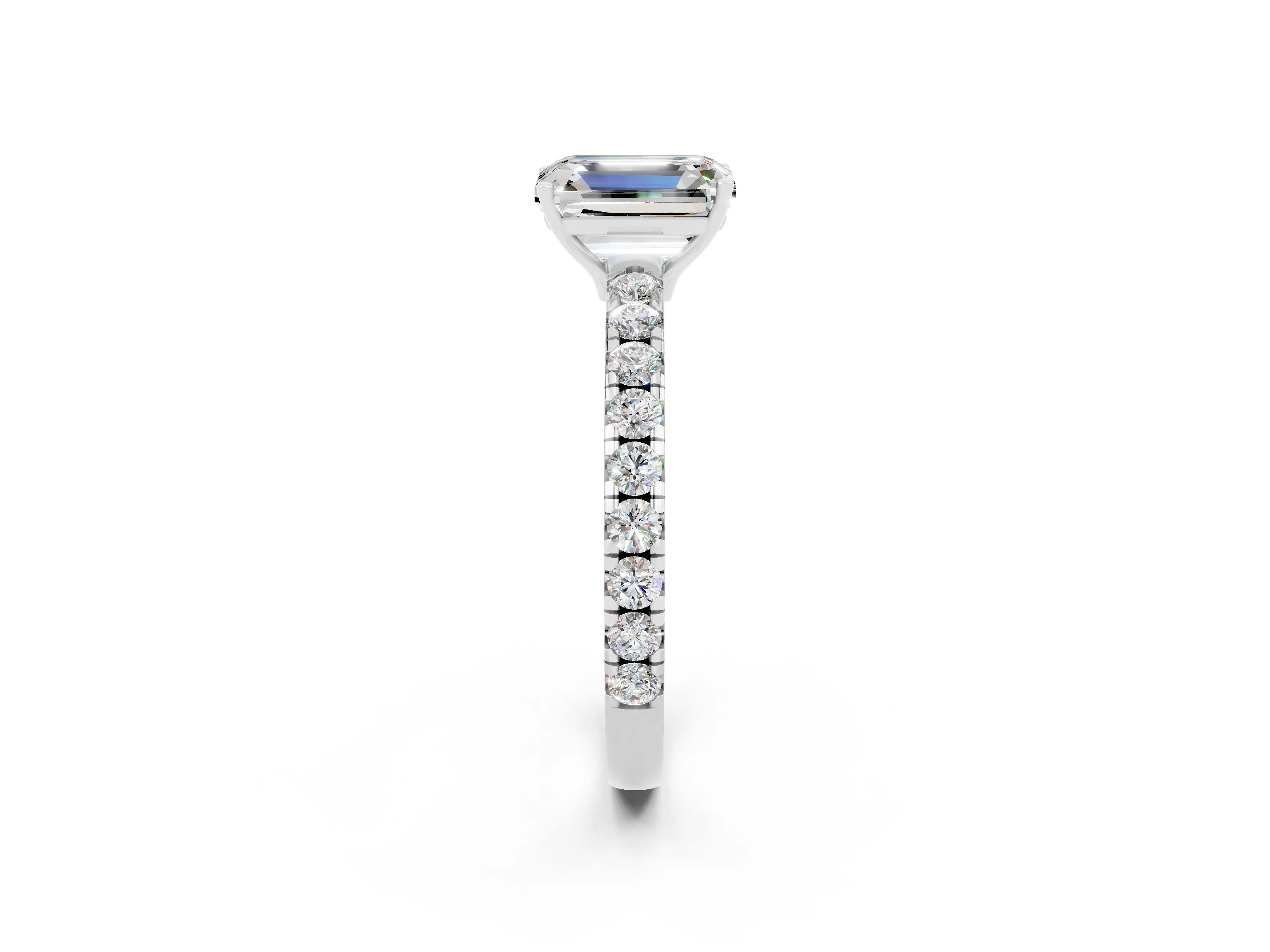 White gold Emerald Cut Moissanite Pavé Solitaire Engagement Ring with Four-Prong Setting_14