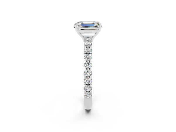 White gold Emerald Cut Moissanite Pavé Solitaire Engagement Ring with Four-Prong Setting