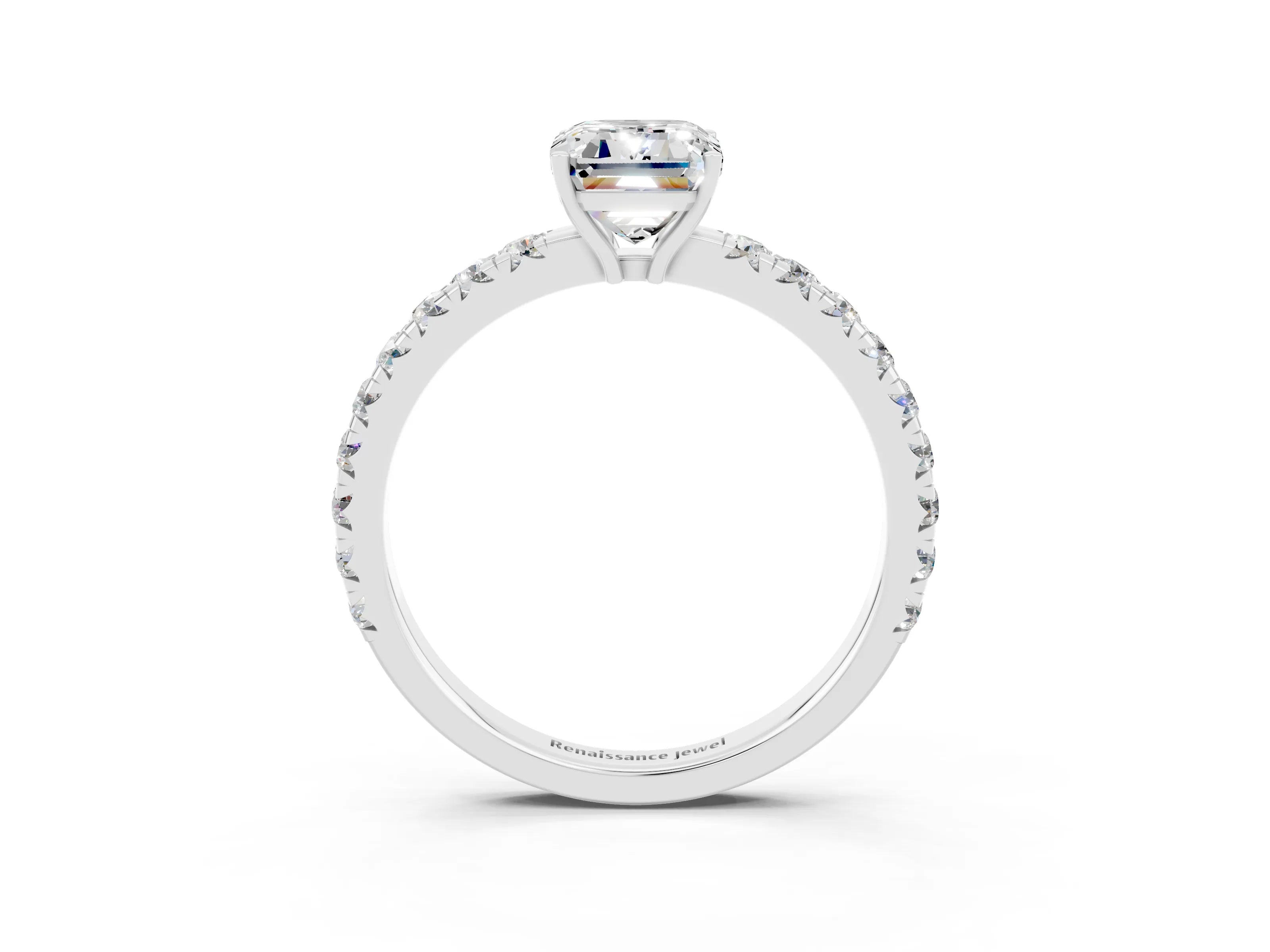 White gold Emerald Cut Moissanite Pavé Solitaire Engagement Ring with Four-Prong Setting_15