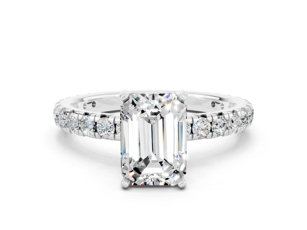 Silver Emerald Cut Moissanite Pavé Solitaire Ring with Round Band and Prong Setting