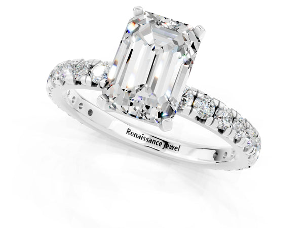 Platinum Emerald Cut Moissanite Pavé Solitaire Ring with Round Band and Prong Setting