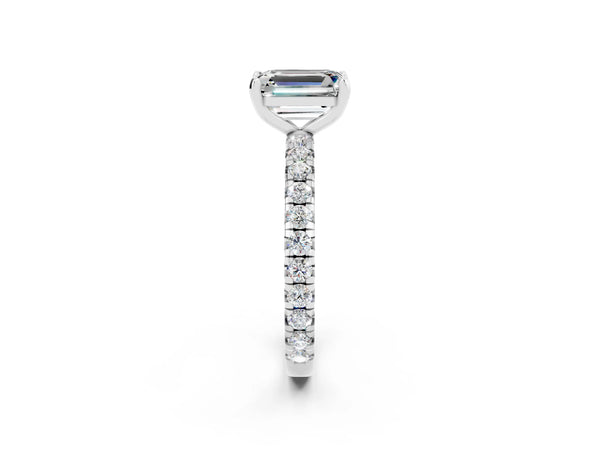 Silver Emerald Cut Moissanite Pavé Solitaire Ring with Round Band and Prong Setting